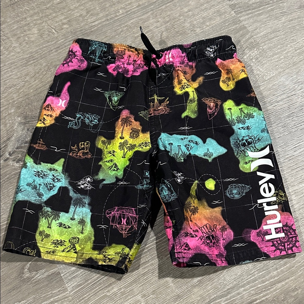 Hurley Kids Black Multicolor pirate Map Print Swim Trunks Size 5